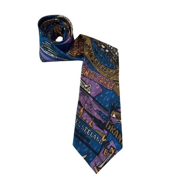 Peacock Silk Trading Mens Tie Travel 80s 90s Retro Peurta Del Sol Madrid Rome - Picture 1 of 7